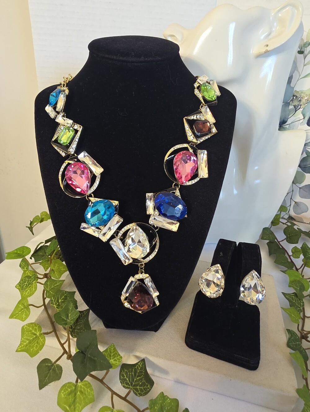 Multicolor Crystal Geometric Bib Statement Necklace & Teardrop Earrings Set